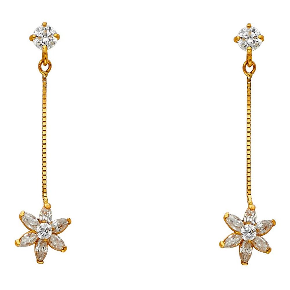 New 14k Solid Gold CZ Dangling flower stud Earrings